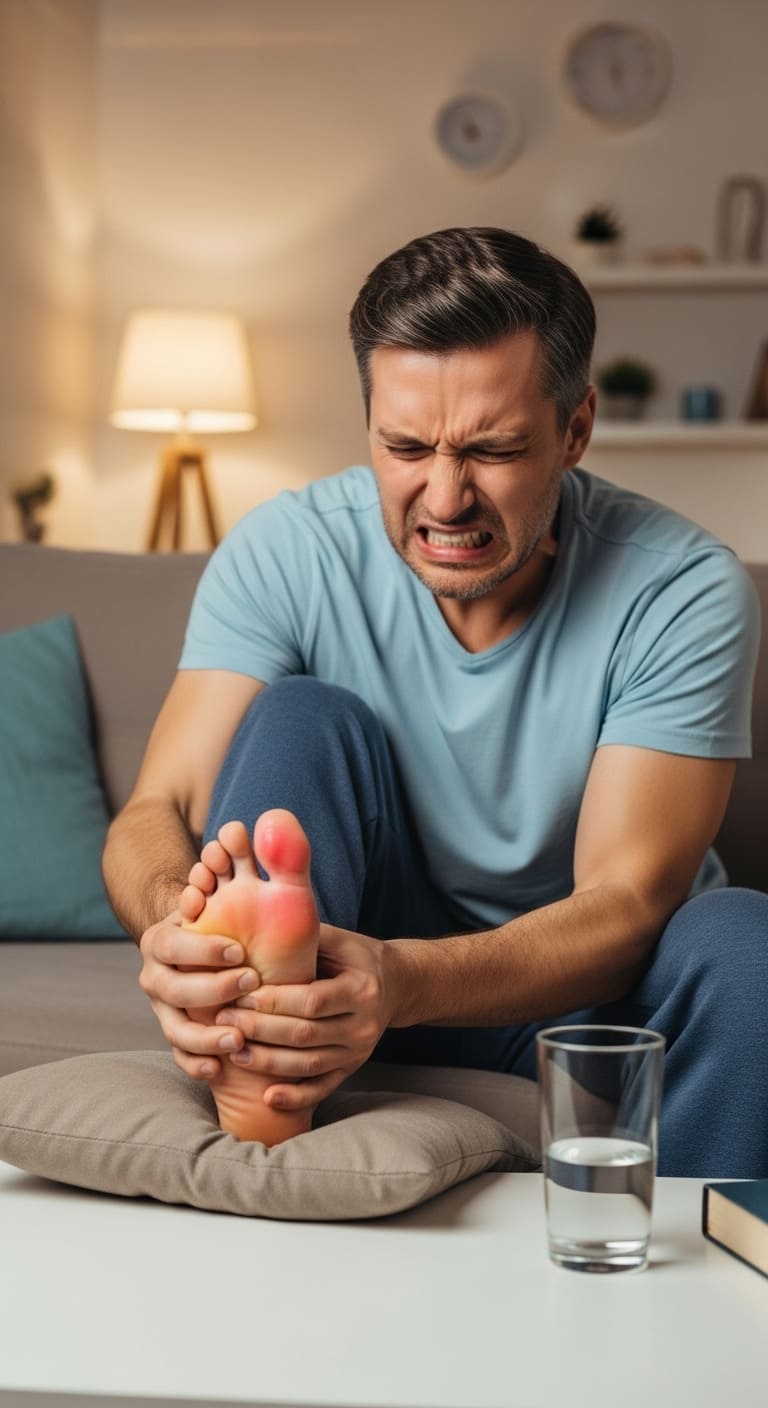 Homme souffrant d'une crise de goutte au pied